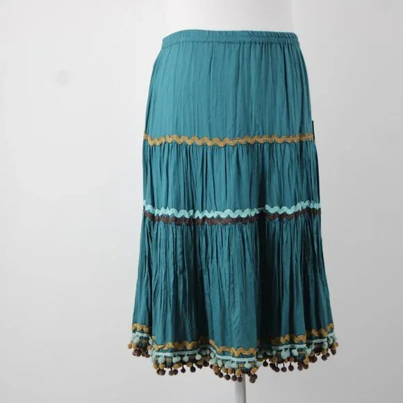 Double D Ranch Sz M Teal Blue Brown Multi Elastic Waist 100% Viscose Skirt